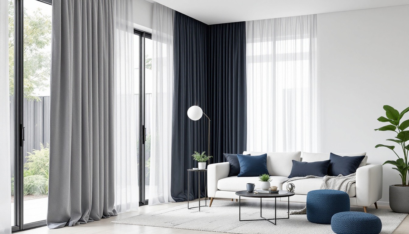Custom sheer and blockout curtains framing a sunlit living room window
